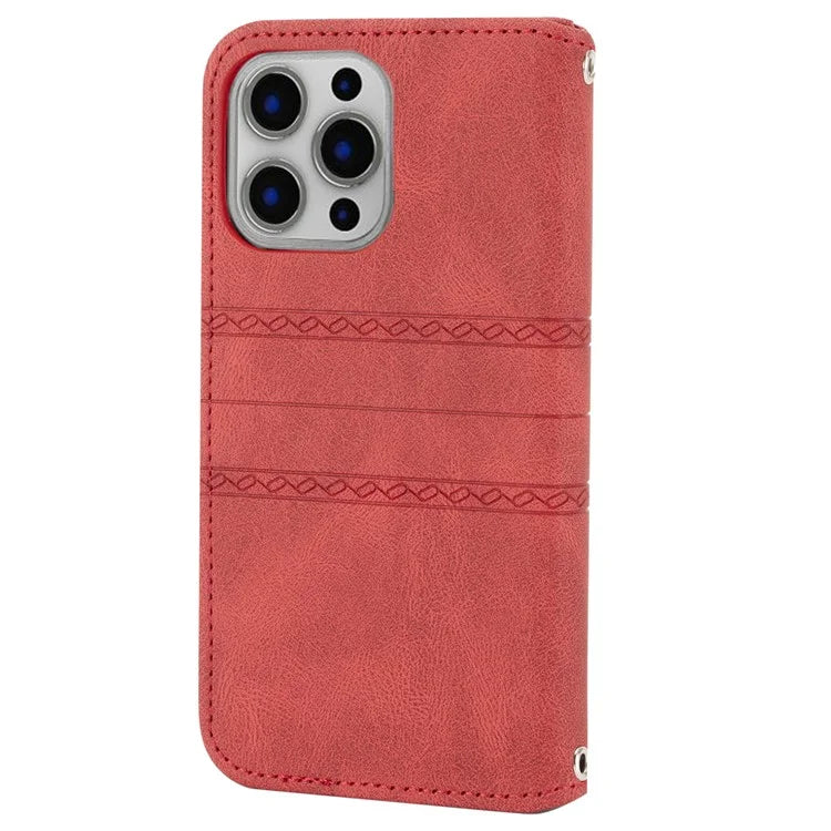 For iPhone 15 Pro Max Case Imprinted Leather Stand Shockproof Phone Shell with Strap