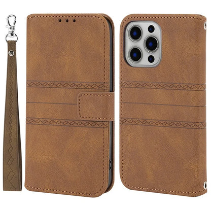 For iPhone 15 Pro Max Case Imprinted Leather Stand Shockproof Phone Shell with Strap