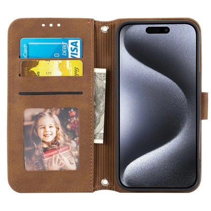 For iPhone 15 Pro Max Case Imprinted Leather Stand Shockproof Phone Shell with Strap