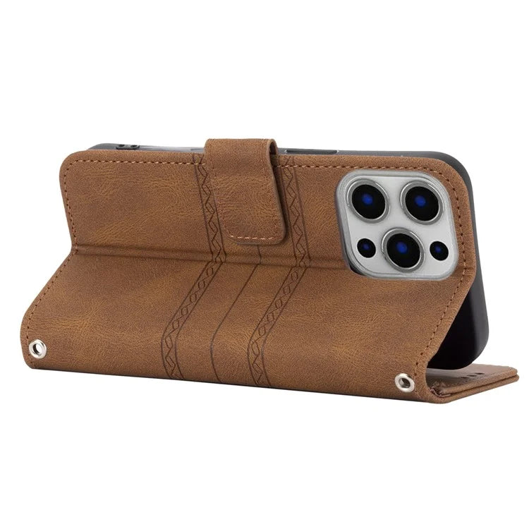 For iPhone 15 Pro Max Case Imprinted Leather Stand Shockproof Phone Shell with Strap