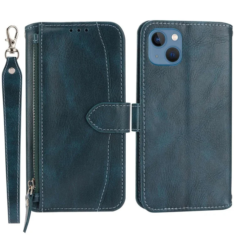 For iPhone 15 Plus Leather Case Zipper Pocket Phone Stand Cover with Long and Short Strap