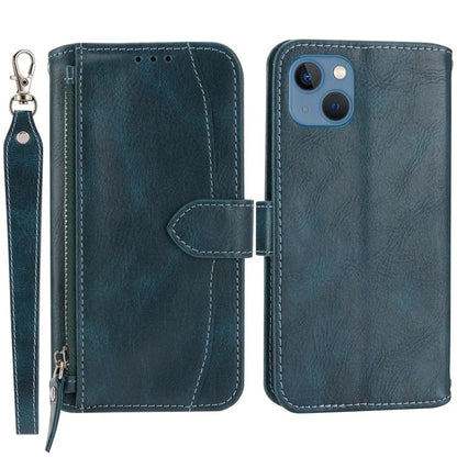 For iPhone 15 Plus Leather Case Zipper Pocket Phone Stand Cover with Long and Short Strap