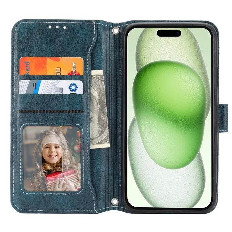 For iPhone 15 Plus Leather Case Zipper Pocket Phone Stand Cover with Long and Short Strap