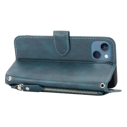 For iPhone 15 Plus Leather Case Zipper Pocket Phone Stand Cover with Long and Short Strap