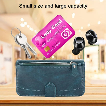For iPhone 15 Plus Leather Case Zipper Pocket Phone Stand Cover with Long and Short Strap
