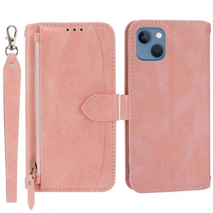 For iPhone 15 Plus Leather Case Zipper Pocket Phone Stand Cover with Long and Short Strap