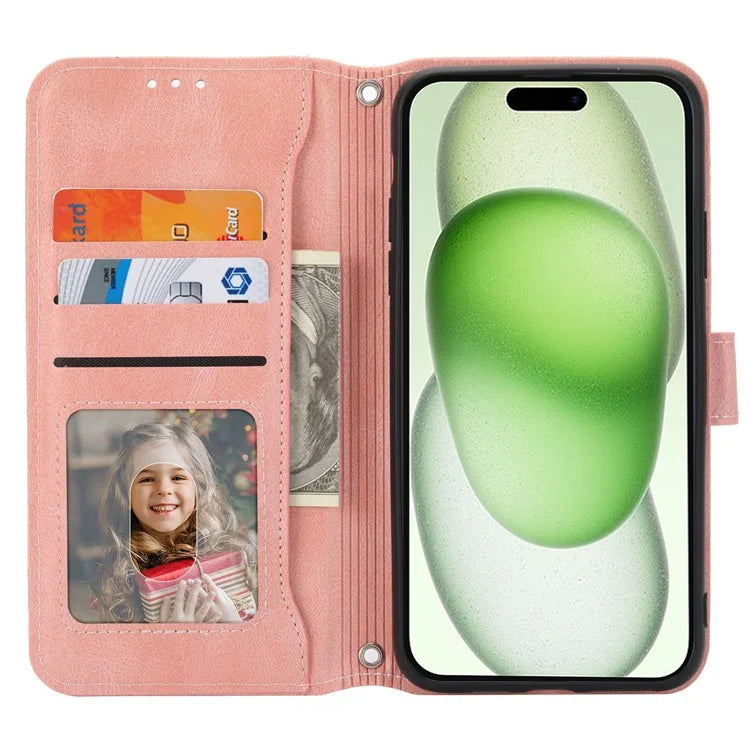 For iPhone 15 Plus Leather Case Zipper Pocket Phone Stand Cover with Long and Short Strap