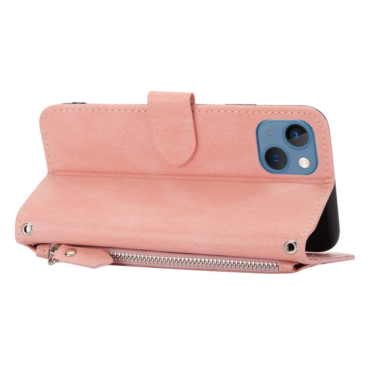 For iPhone 15 Plus Leather Case Zipper Pocket Phone Stand Cover with Long and Short Strap