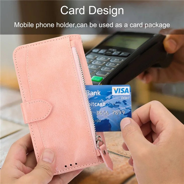 For iPhone 15 Plus Leather Case Zipper Pocket Phone Stand Cover with Long and Short Strap