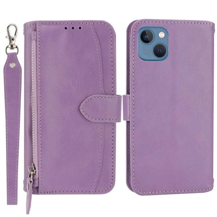 For iPhone 15 Plus Leather Case Zipper Pocket Phone Stand Cover with Long and Short Strap