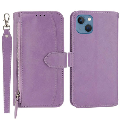 For iPhone 15 Plus Leather Case Zipper Pocket Phone Stand Cover with Long and Short Strap
