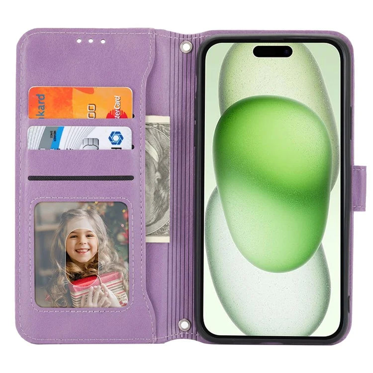 For iPhone 15 Plus Leather Case Zipper Pocket Phone Stand Cover with Long and Short Strap