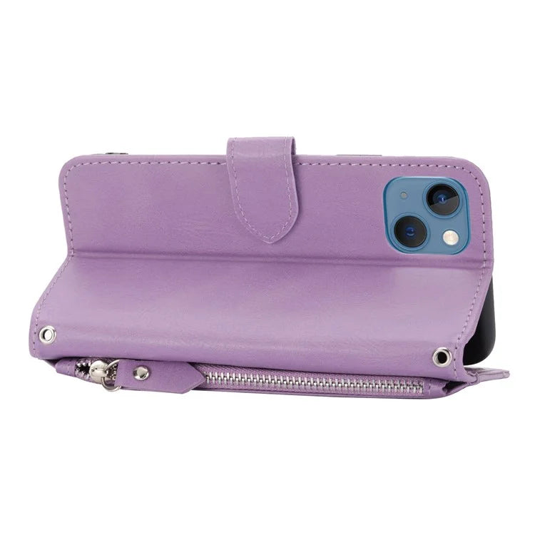 For iPhone 15 Plus Leather Case Zipper Pocket Phone Stand Cover with Long and Short Strap