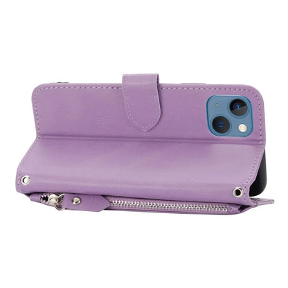 For iPhone 15 Plus Leather Case Zipper Pocket Phone Stand Cover with Long and Short Strap