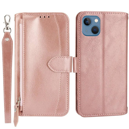 For iPhone 15 Plus Leather Case Zipper Pocket Phone Stand Cover with Long and Short Strap