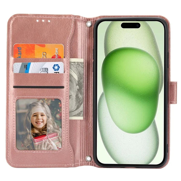 For iPhone 15 Plus Leather Case Zipper Pocket Phone Stand Cover with Long and Short Strap
