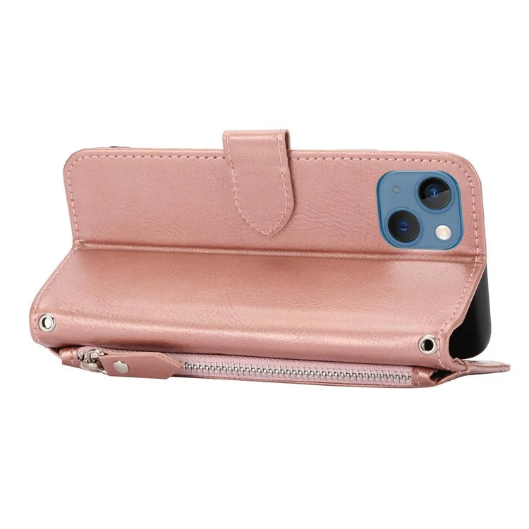 For iPhone 15 Plus Leather Case Zipper Pocket Phone Stand Cover with Long and Short Strap