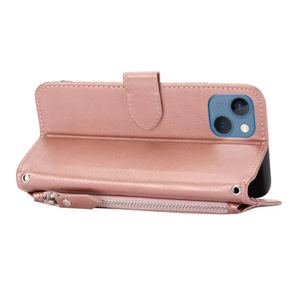 For iPhone 15 Plus Leather Case Zipper Pocket Phone Stand Cover with Long and Short Strap