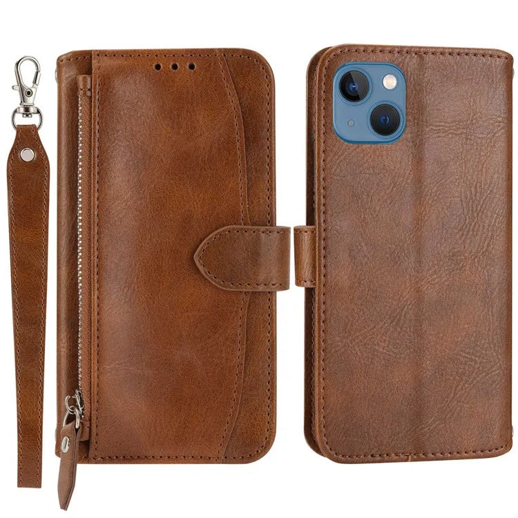 For iPhone 15 Plus Leather Case Zipper Pocket Phone Stand Cover with Long and Short Strap