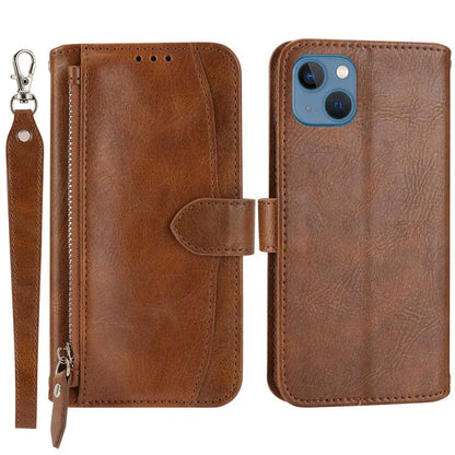 For iPhone 15 Plus Leather Case Zipper Pocket Phone Stand Cover with Long and Short Strap