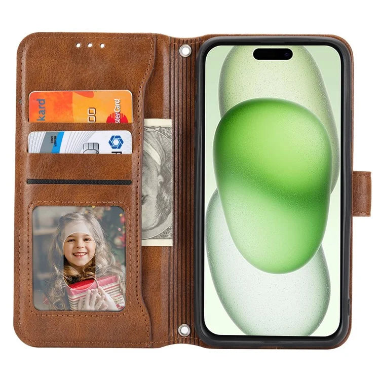 For iPhone 15 Plus Leather Case Zipper Pocket Phone Stand Cover with Long and Short Strap