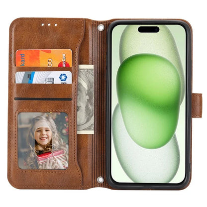For iPhone 15 Plus Leather Case Zipper Pocket Phone Stand Cover with Long and Short Strap