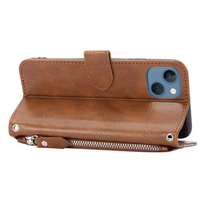 For iPhone 15 Plus Leather Case Zipper Pocket Phone Stand Cover with Long and Short Strap