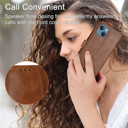 For iPhone 15 Plus Leather Case Zipper Pocket Phone Stand Cover with Long and Short Strap