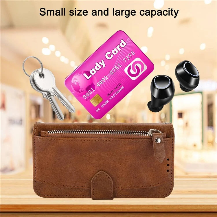 For iPhone 15 Plus Leather Case Zipper Pocket Phone Stand Cover with Long and Short Strap