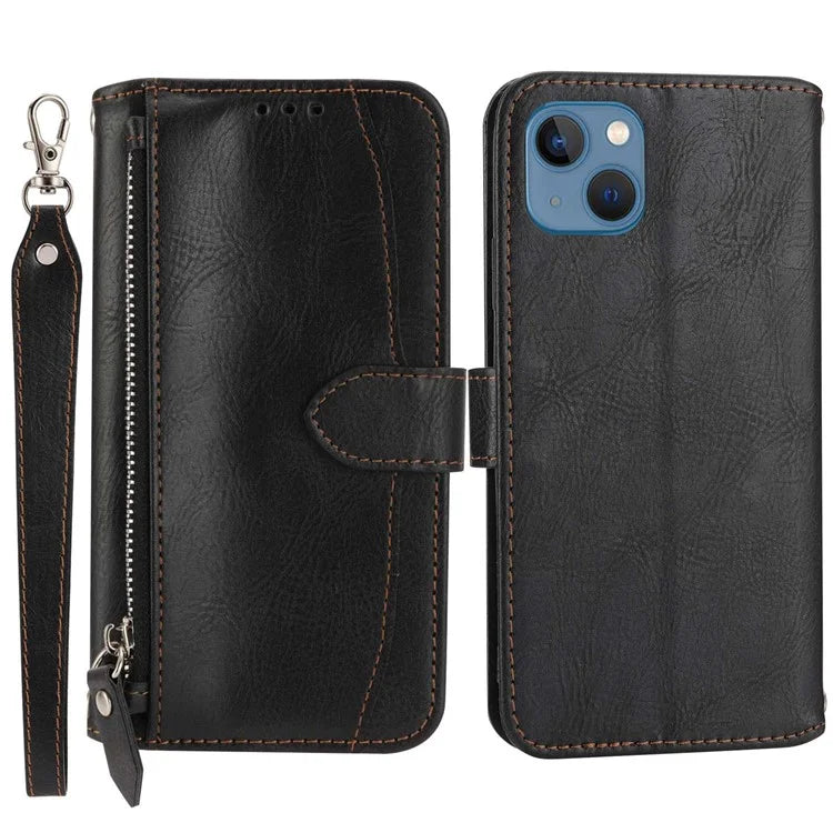 For iPhone 15 Plus Leather Case Zipper Pocket Phone Stand Cover with Long and Short Strap