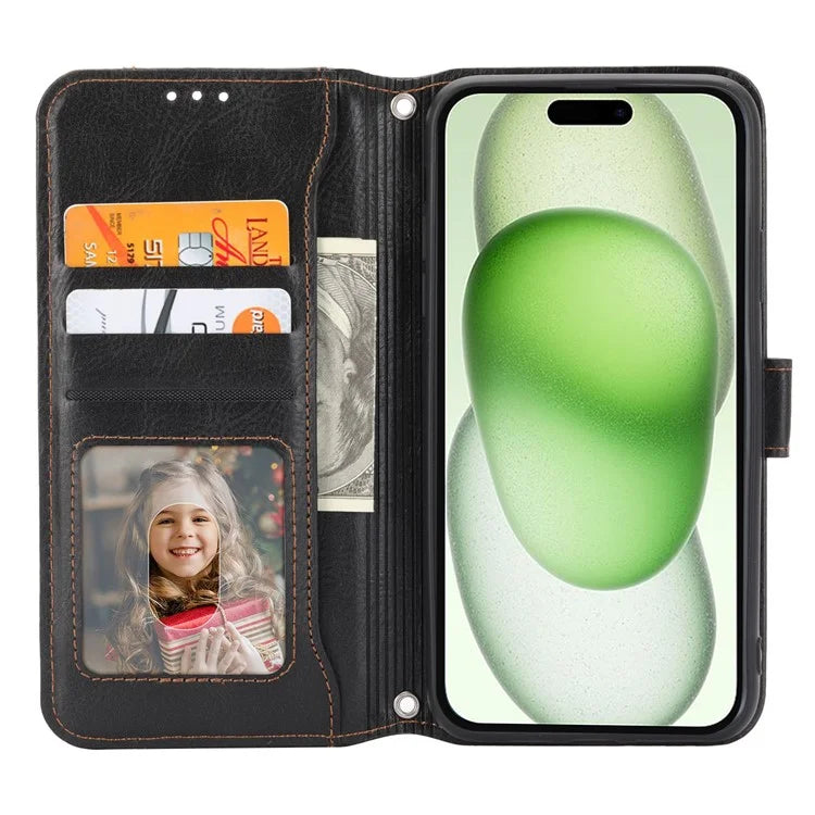 For iPhone 15 Plus Leather Case Zipper Pocket Phone Stand Cover with Long and Short Strap