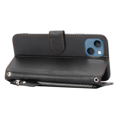 For iPhone 15 Plus Leather Case Zipper Pocket Phone Stand Cover with Long and Short Strap