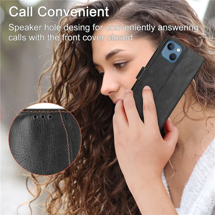 For iPhone 15 Plus Leather Case Zipper Pocket Phone Stand Cover with Long and Short Strap