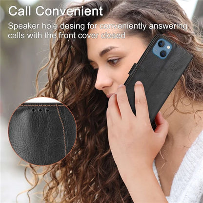 For iPhone 15 Plus Leather Case Zipper Pocket Phone Stand Cover with Long and Short Strap