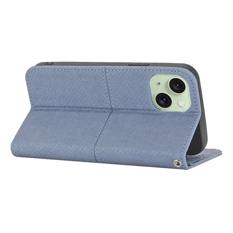 For iPhone 15 Plus Case Splicing PU Leather Stand Phone Wallet Cover with Strap