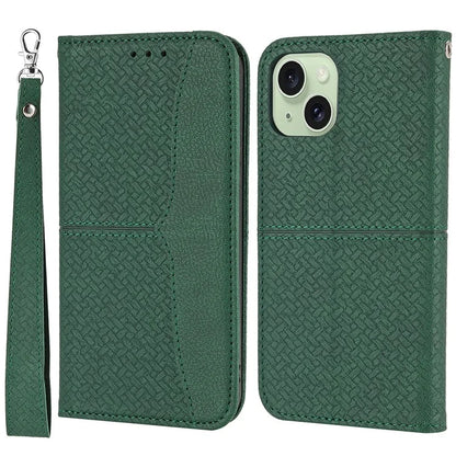 For iPhone 15 Plus Case Splicing PU Leather Stand Phone Wallet Cover with Strap