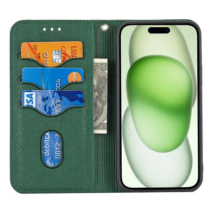 For iPhone 15 Plus Case Splicing PU Leather Stand Phone Wallet Cover with Strap