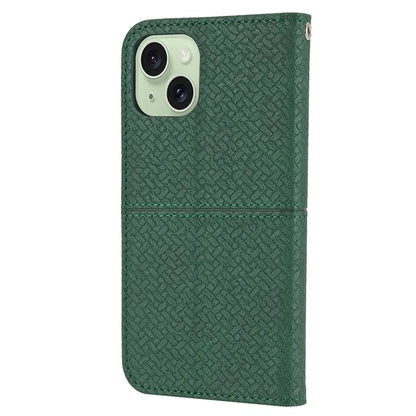 For iPhone 15 Plus Case Splicing PU Leather Stand Phone Wallet Cover with Strap