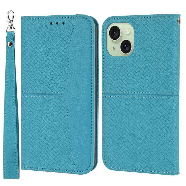 For iPhone 15 Plus Case Splicing PU Leather Stand Phone Wallet Cover with Strap