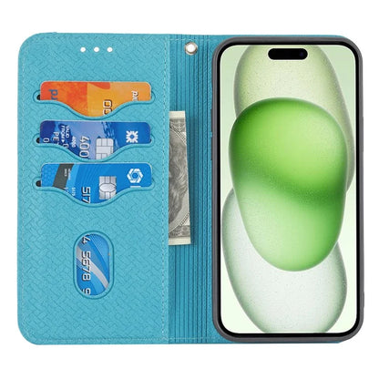 For iPhone 15 Plus Case Splicing PU Leather Stand Phone Wallet Cover with Strap