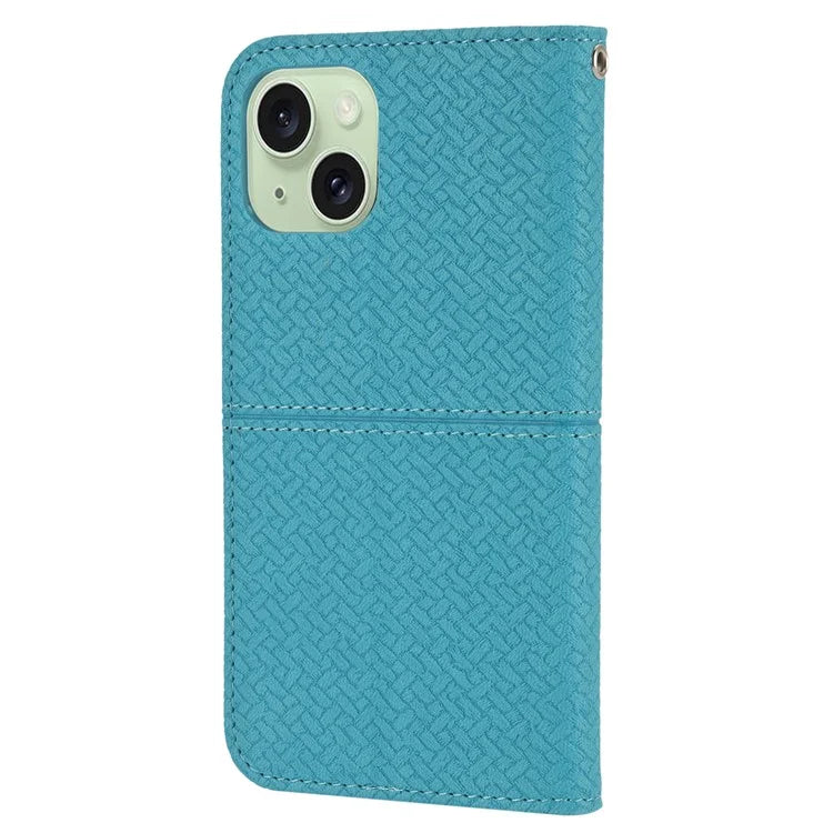 For iPhone 15 Plus Case Splicing PU Leather Stand Phone Wallet Cover with Strap