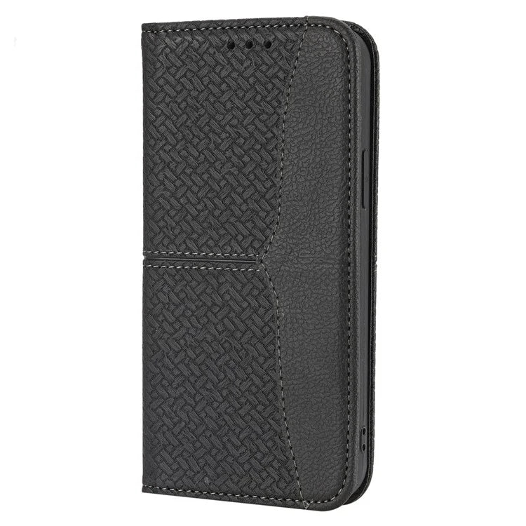 For iPhone 15 Plus Case Splicing PU Leather Stand Phone Wallet Cover with Strap