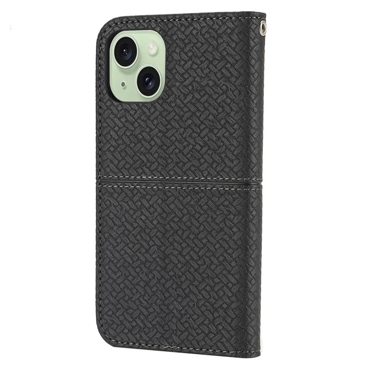 For iPhone 15 Plus Case Splicing PU Leather Stand Phone Wallet Cover with Strap
