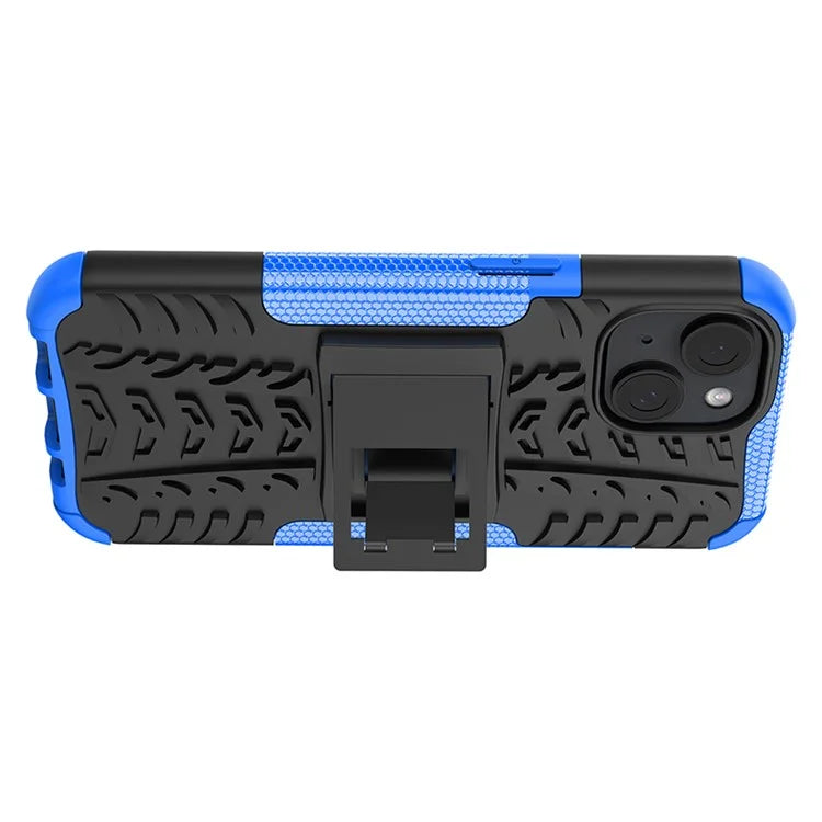 For iPhone 15 Tyre Pattern Phone Case Kickstand PC+TPU Shock Absorbing Phone Cover