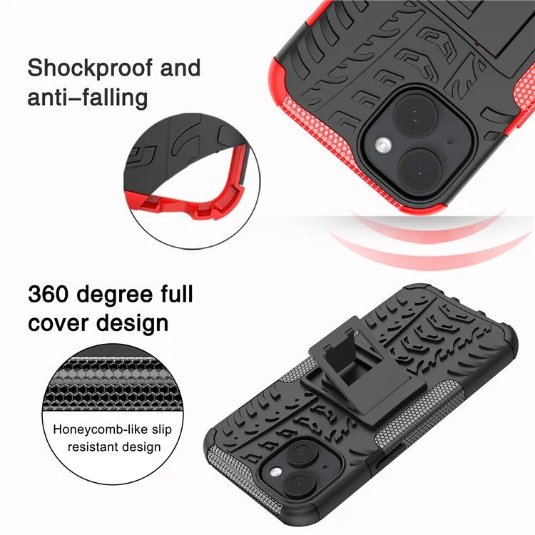 For iPhone 15 Tyre Pattern Phone Case Kickstand PC+TPU Shock Absorbing Phone Cover