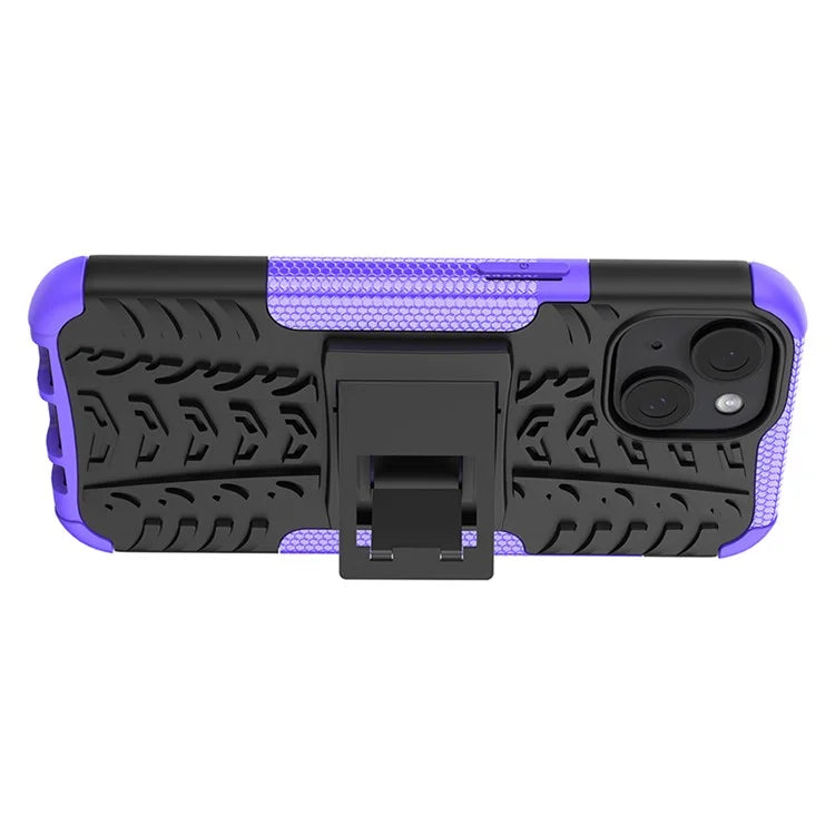 For iPhone 15 Tyre Pattern Phone Case Kickstand PC+TPU Shock Absorbing Phone Cover