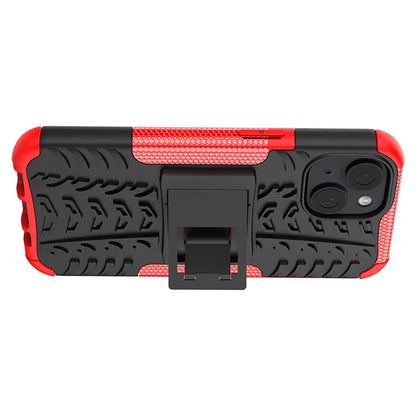 For iPhone 15 Tyre Pattern Phone Case Kickstand PC+TPU Shock Absorbing Phone Cover