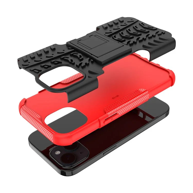 For iPhone 15 Tyre Pattern Phone Case Kickstand PC+TPU Shock Absorbing Phone Cover