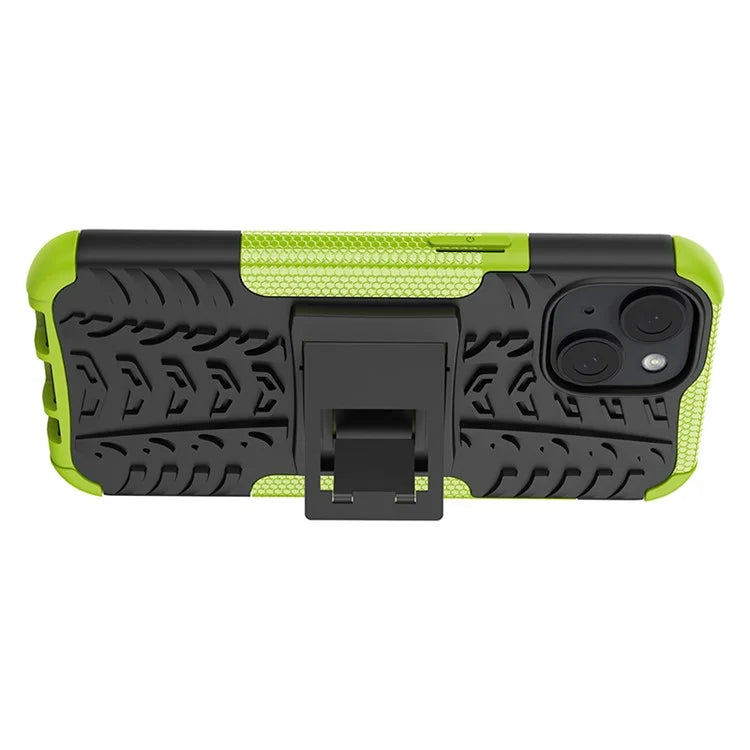 For iPhone 15 Tyre Pattern Phone Case Kickstand PC+TPU Shock Absorbing Phone Cover