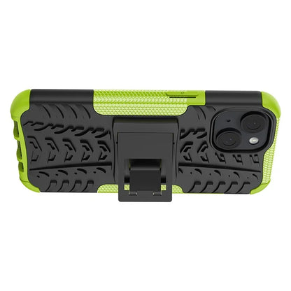 For iPhone 15 Tyre Pattern Phone Case Kickstand PC+TPU Shock Absorbing Phone Cover